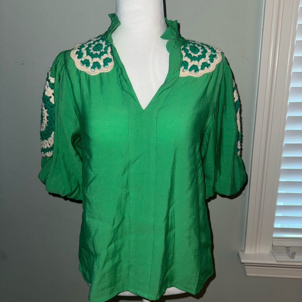 Green Women's Top with Crochet Detail